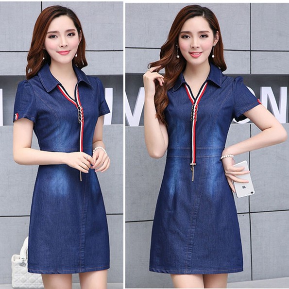 Đầm Jean Phối Sọc Cổ Sơ Mi 